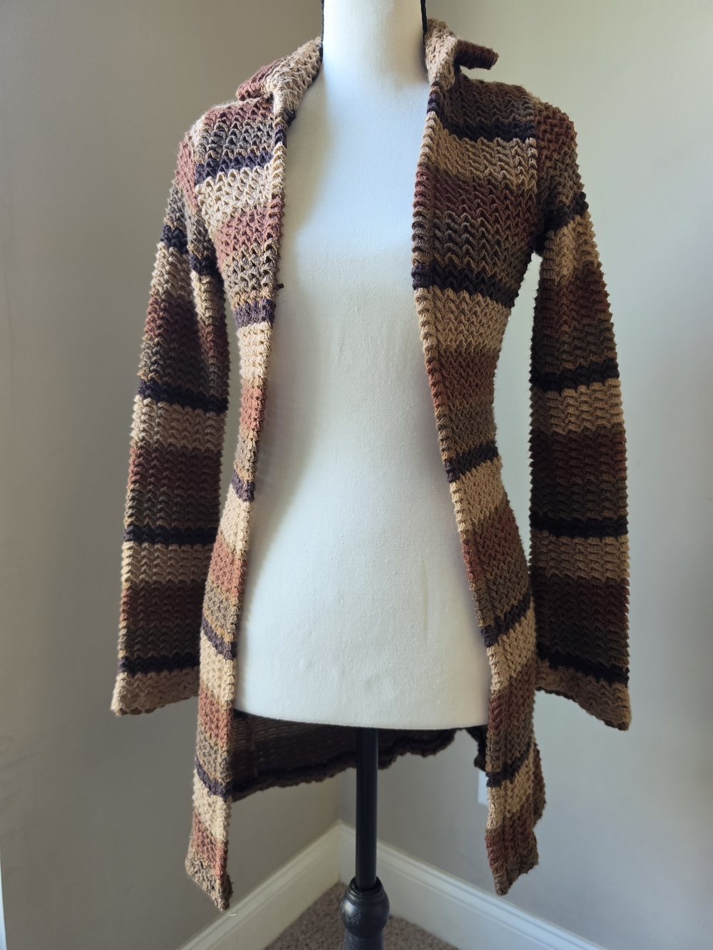 Clovis Boho Knit Duster Cardigan Sweater Earth Tone Striped Medium Small
